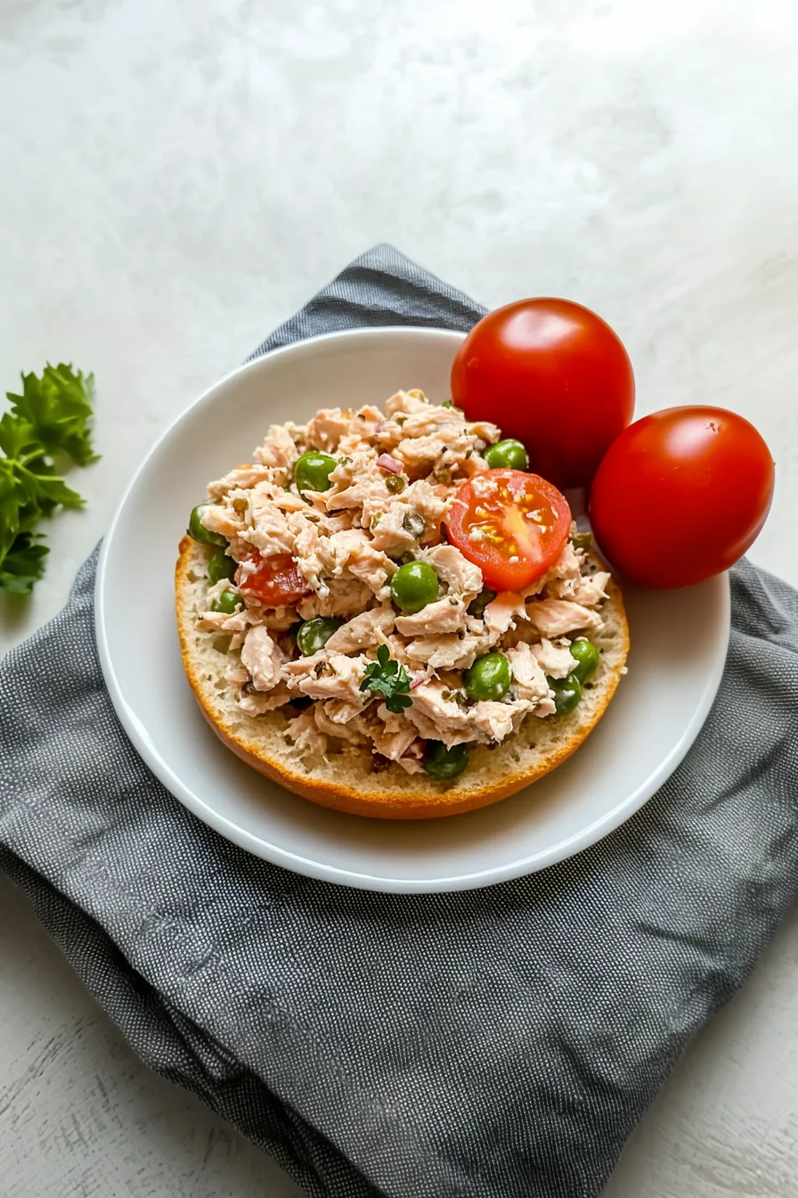 Open-faced sandwich topped with a creamy tuna mixture and chopped green onions.