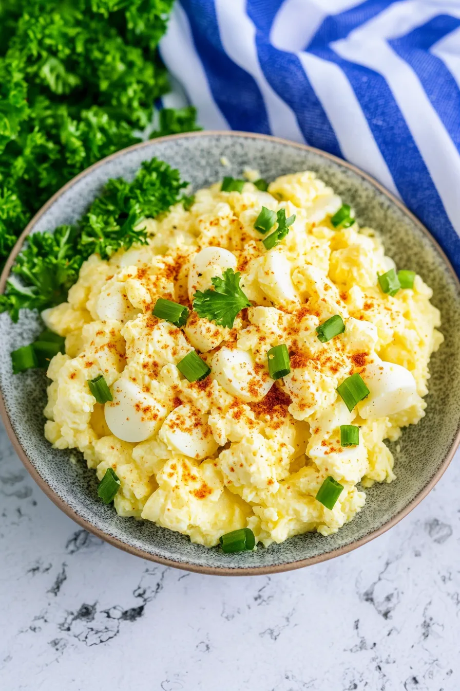Overhead view of a simple homemade egg salad with paprika dusted on top