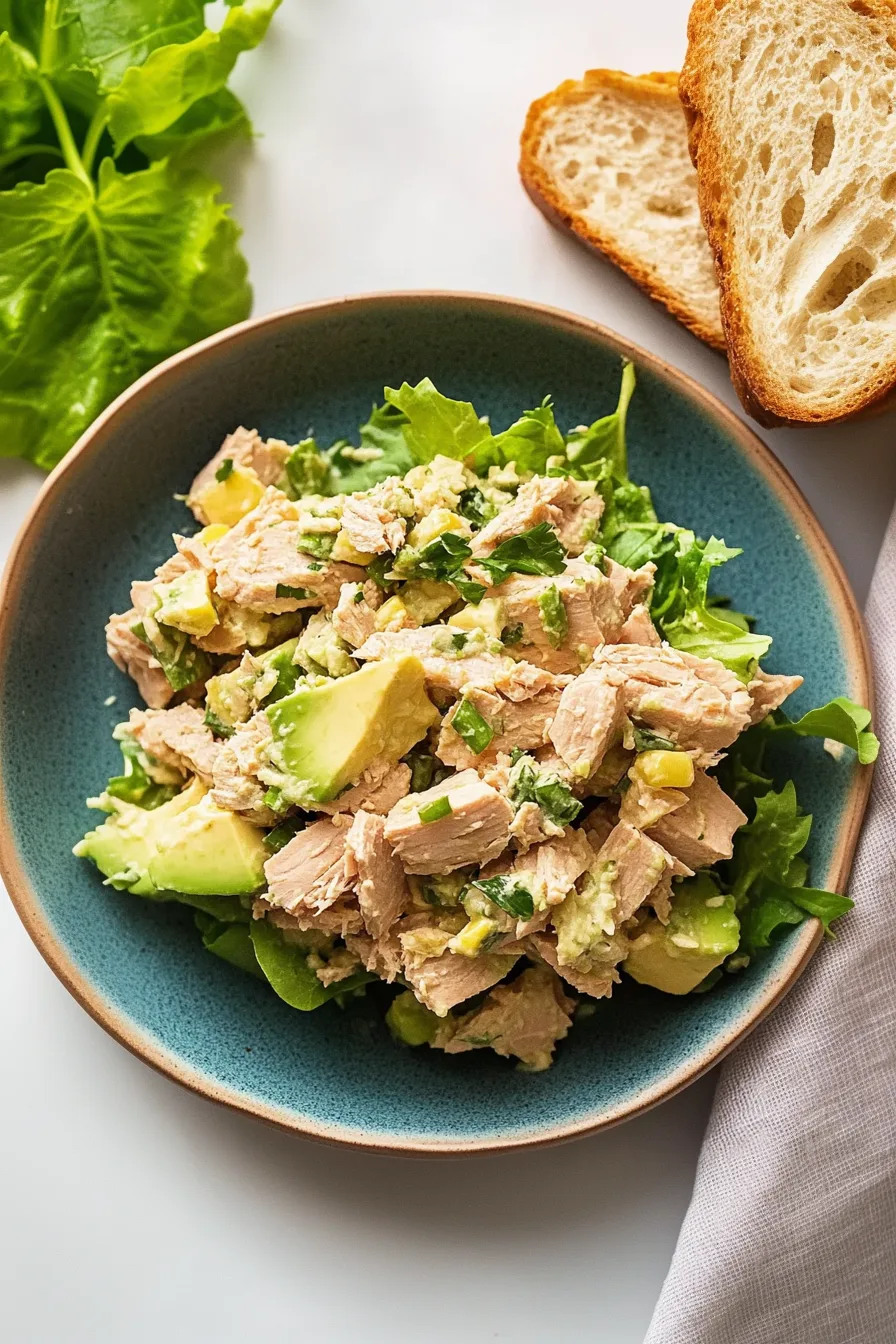 Final shot of seasoned tuna salad with a light, spicy sauce and herbs.