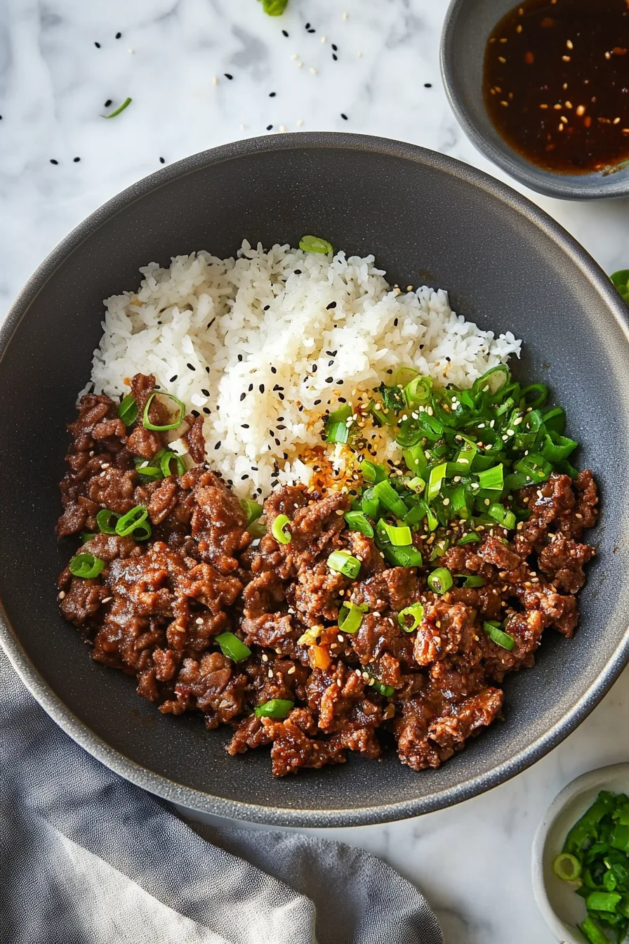Final plated dish featuring saucy beef crumbles next to fluffy rice, garnished with sesame seeds and green onions.