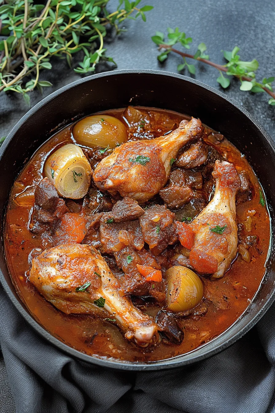 Final dish featuring tender braised pieces coated in a fragrant tomato and herb sauce.