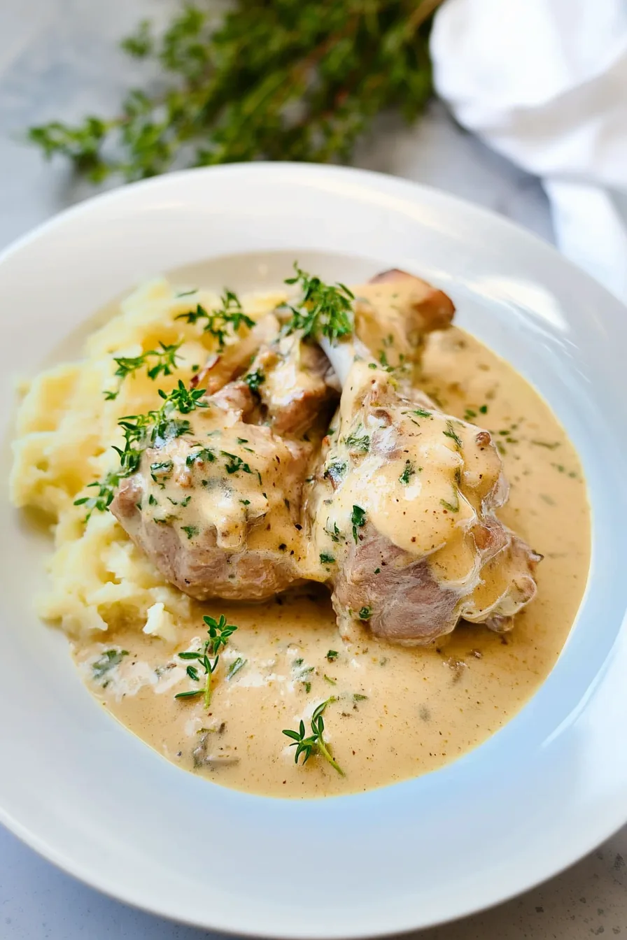 Plated meat with a smooth, velvety sauce pooling around it.