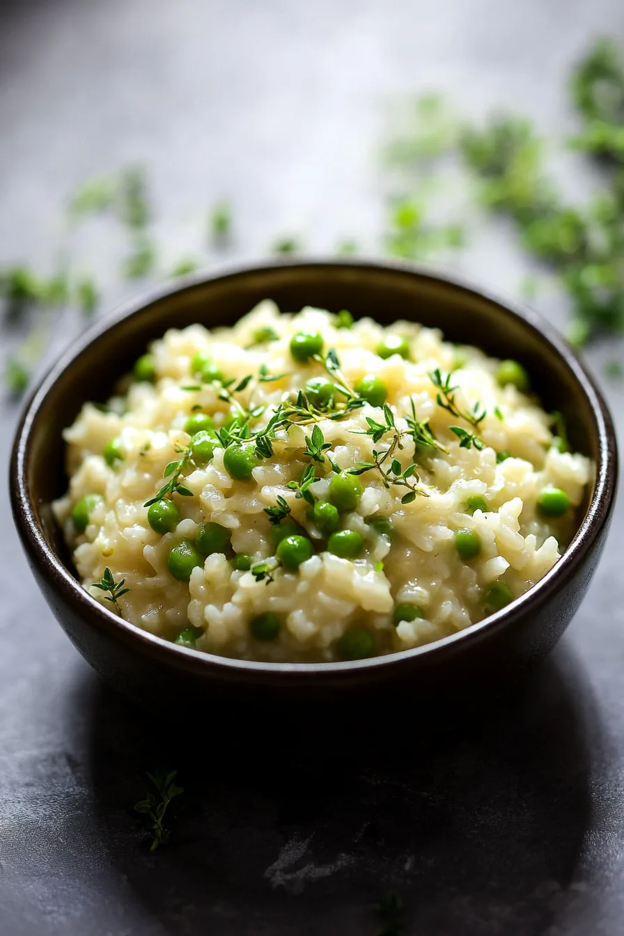 Warm bowl of rice and peas with a rich, comforting texture.