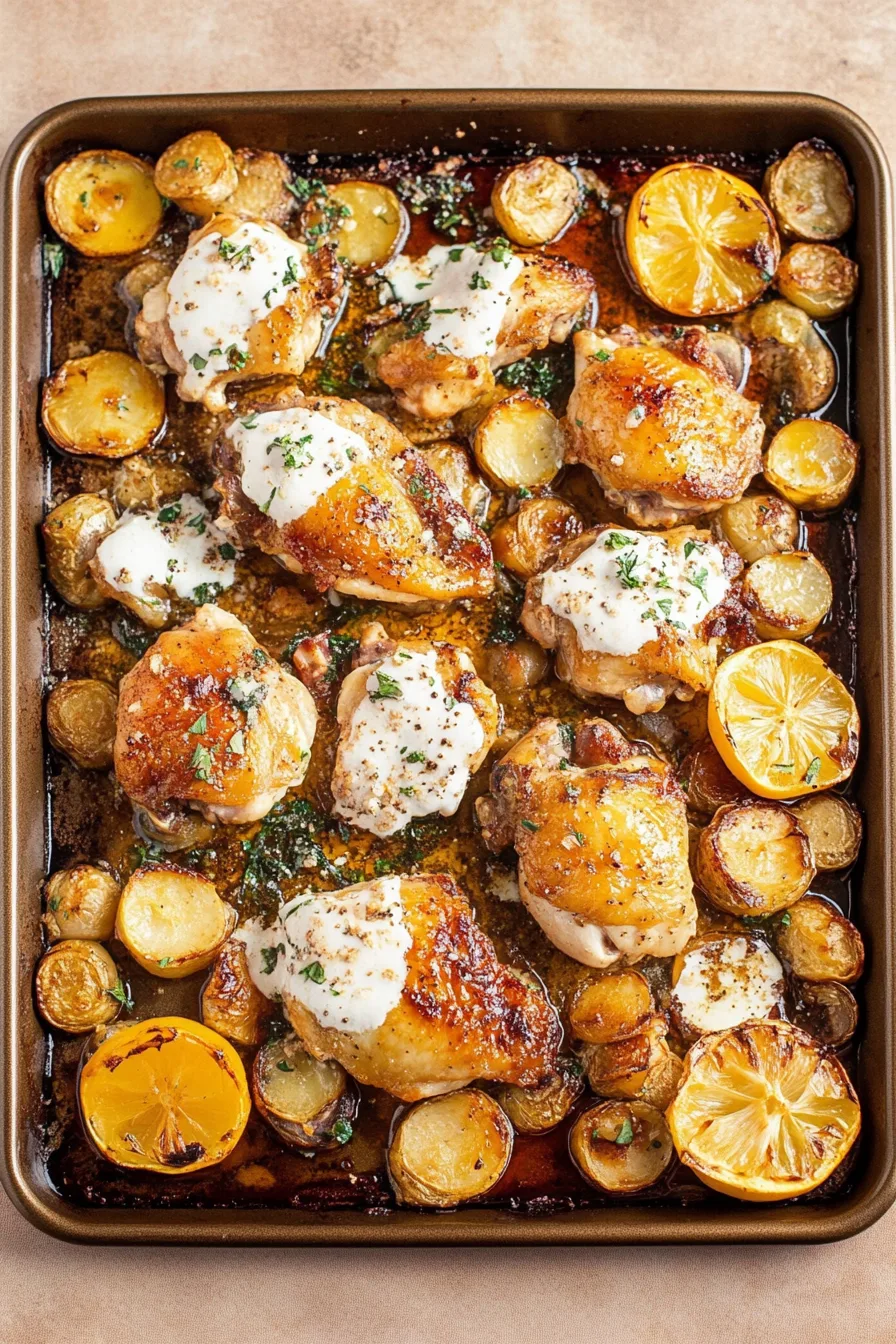 Juicy chicken and potatoes in a caramelized pan sauce with herbs and lemon.