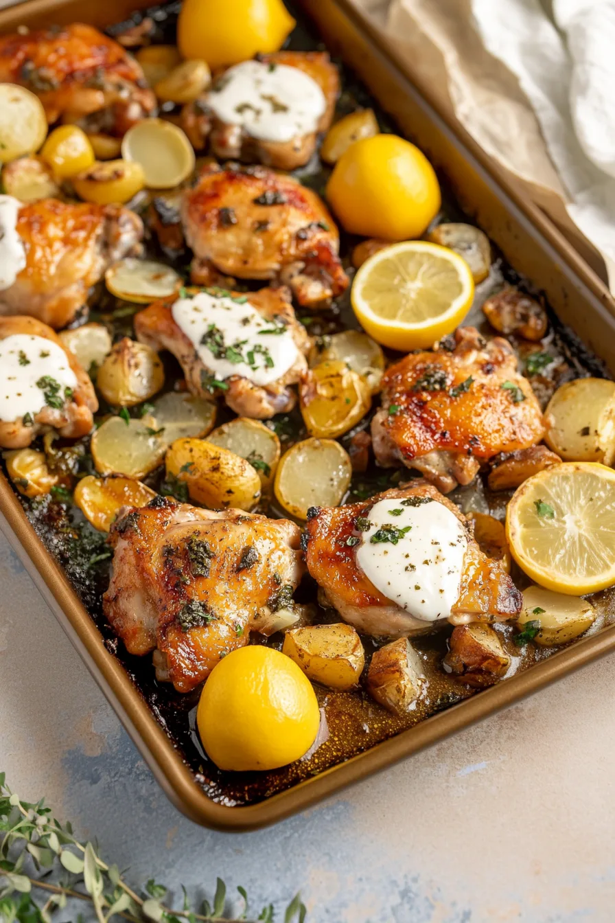 Final plated view of roasted chicken thighs with potatoes, lemon, and fresh herbs.