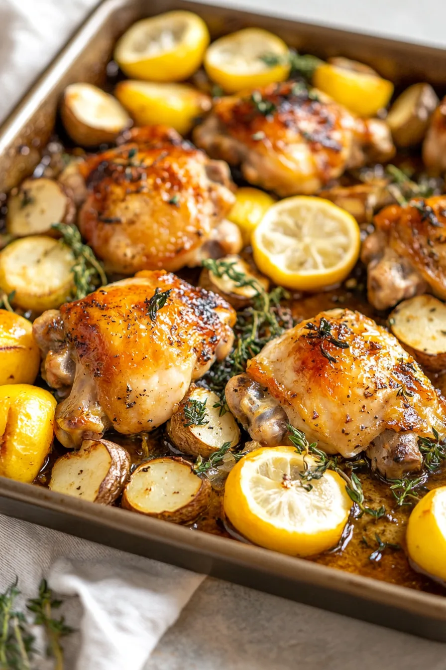 Close-up of roasted chicken with crisp skin surrounded by tender potatoes and citrus.