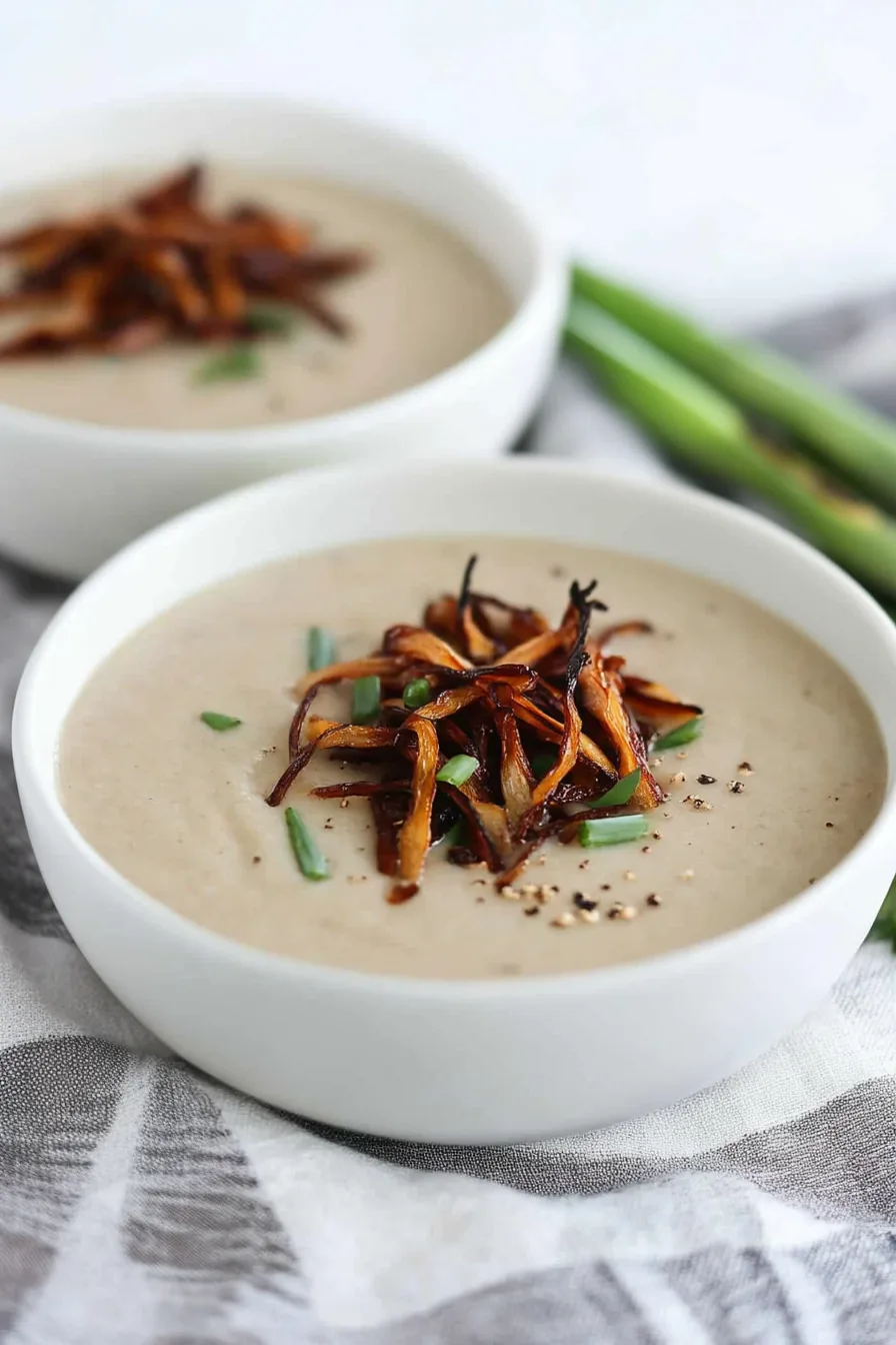 Warm bowl of pureed soup on a linen napkin, finished with crunchy toppings and cracked black pepper.