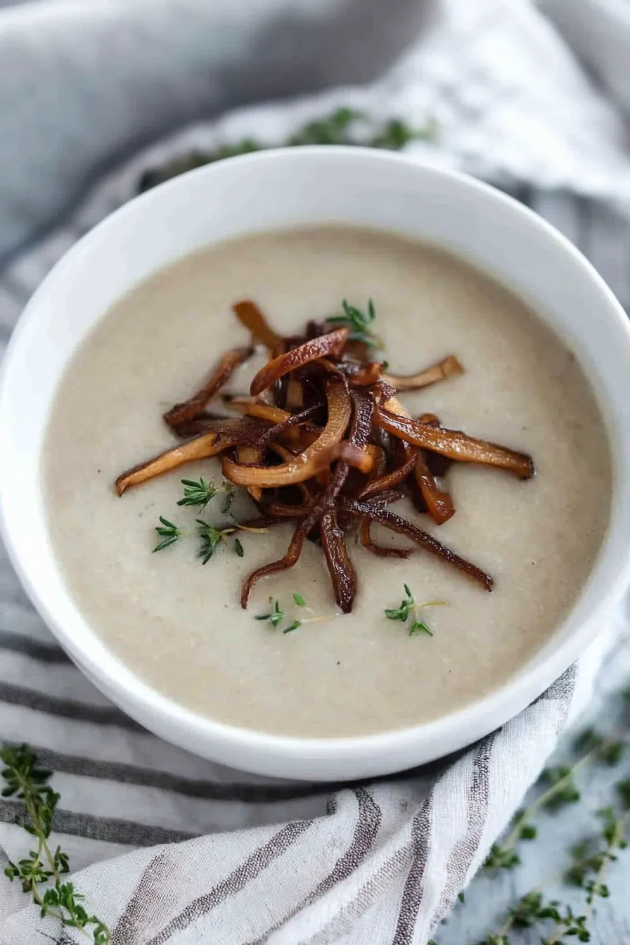 Close-up of a smooth, blended soup with a garnish of fried vegetable strips and a sprinkle of chopped parsley.