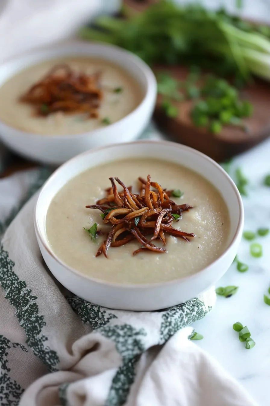 Simple, elegant presentation of creamy soup, highlighted with a small mound of crispy sautéed vegetables on top.