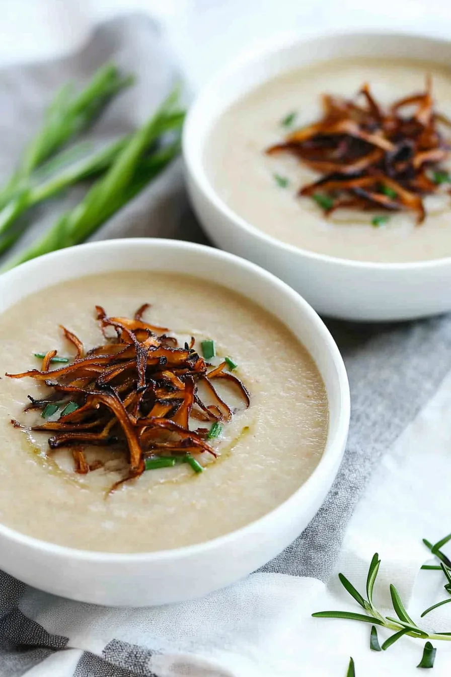 Rustic-style bowl of velvety soup with golden-brown crispy garnish at the center and herbs for color.