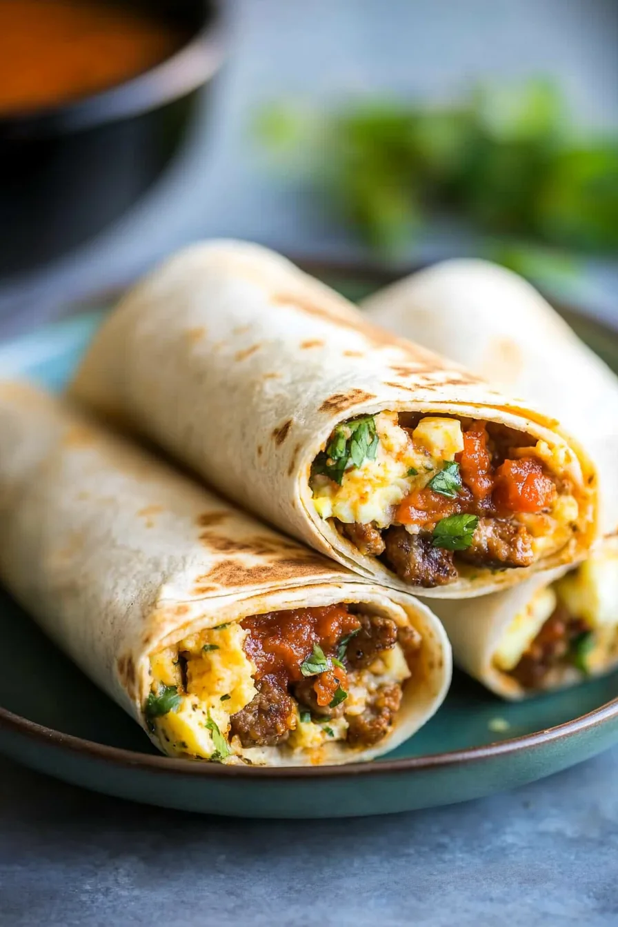 Three neatly wrapped tortillas arranged on a ceramic plate with soft, natural lighting.