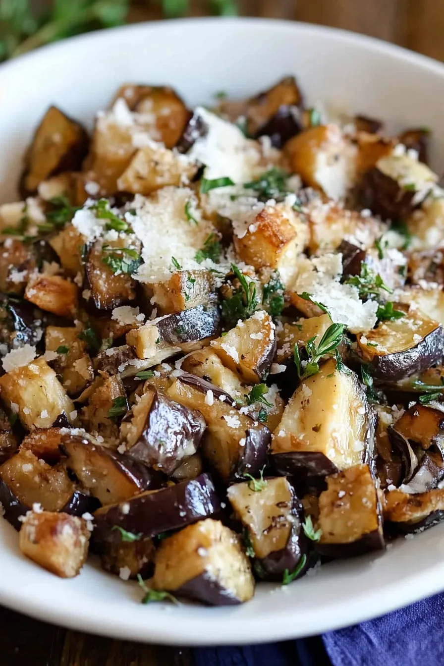 Golden, pan-seared eggplant pieces sprinkled with cheese and chopped parsley in a white bowl.”