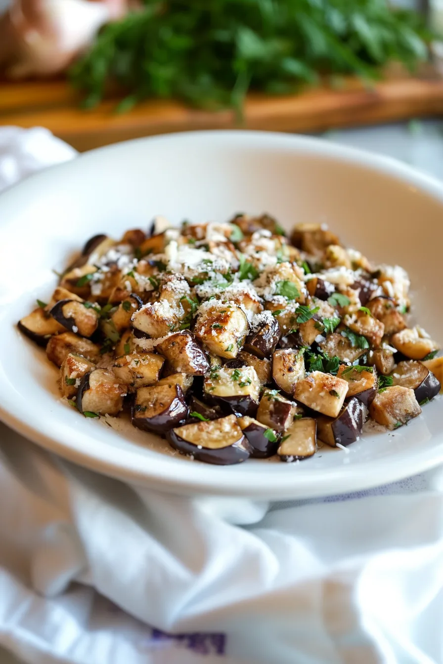 Final plated dish showing caramelized eggplant with garlic and a dusting of grated Parmesan.