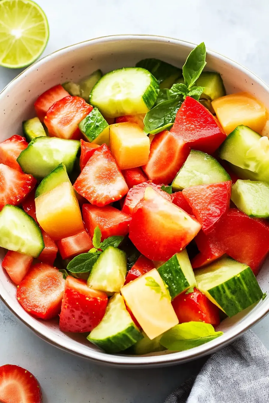 Colorful bowl of chopped watermelon, cucumbers, strawberries, and melon with fresh herbs.