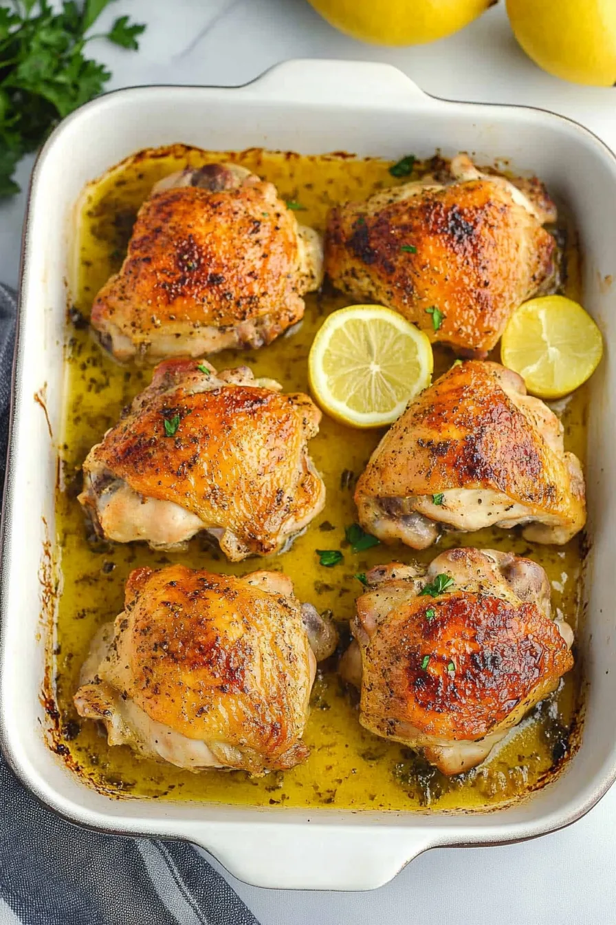 Chicken pieces in a baking dish surrounded by a bright, buttery citrus sauce.