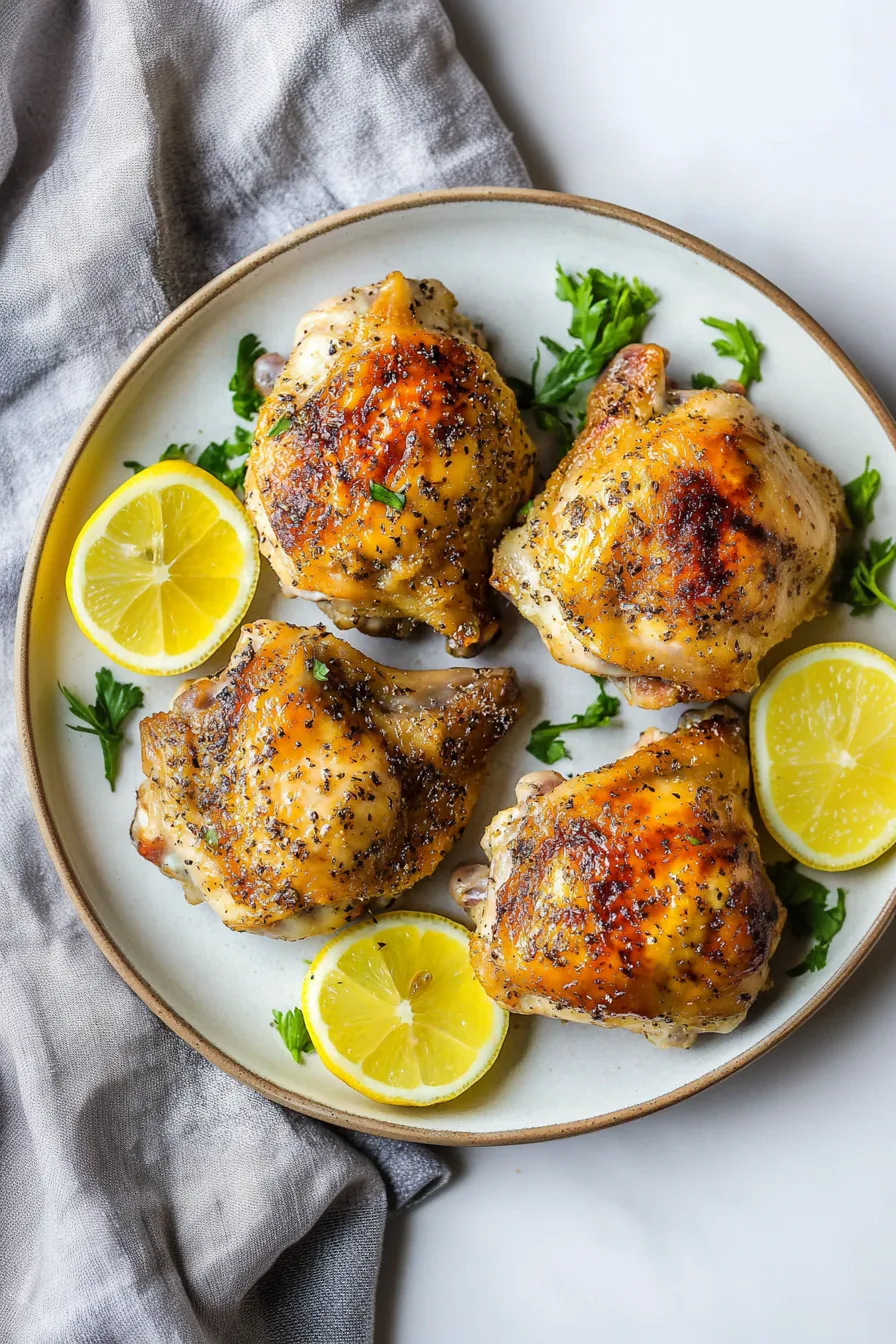Oven-roasted chicken thighs resting in a shallow pool of seasoned lemon juices.