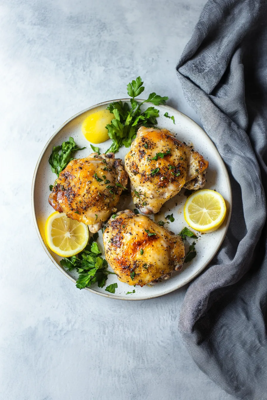 Golden baked chicken thighs sitting in a lemony sauce.