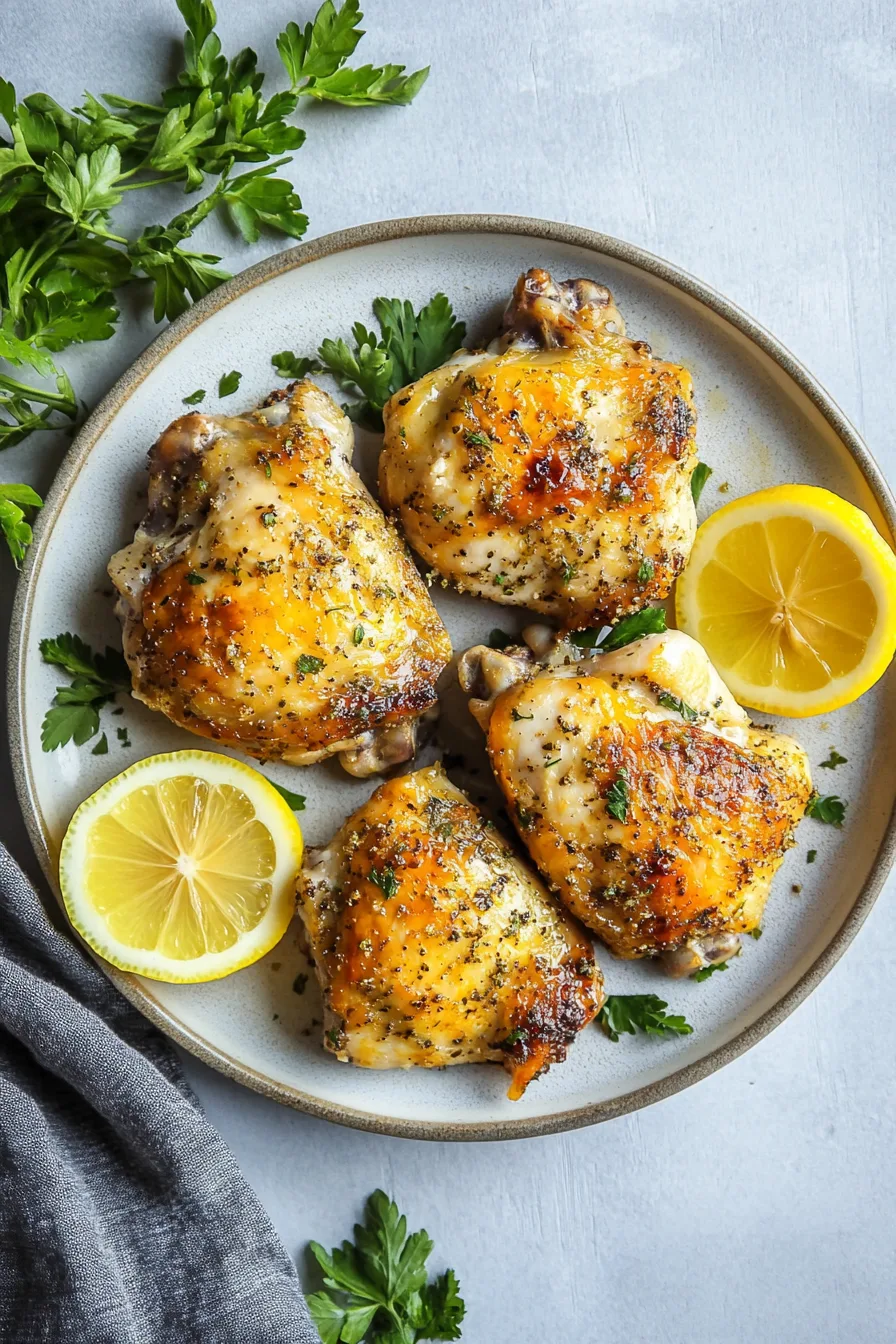 Finished chicken dish showing browned skin and fresh lemon slices on top.