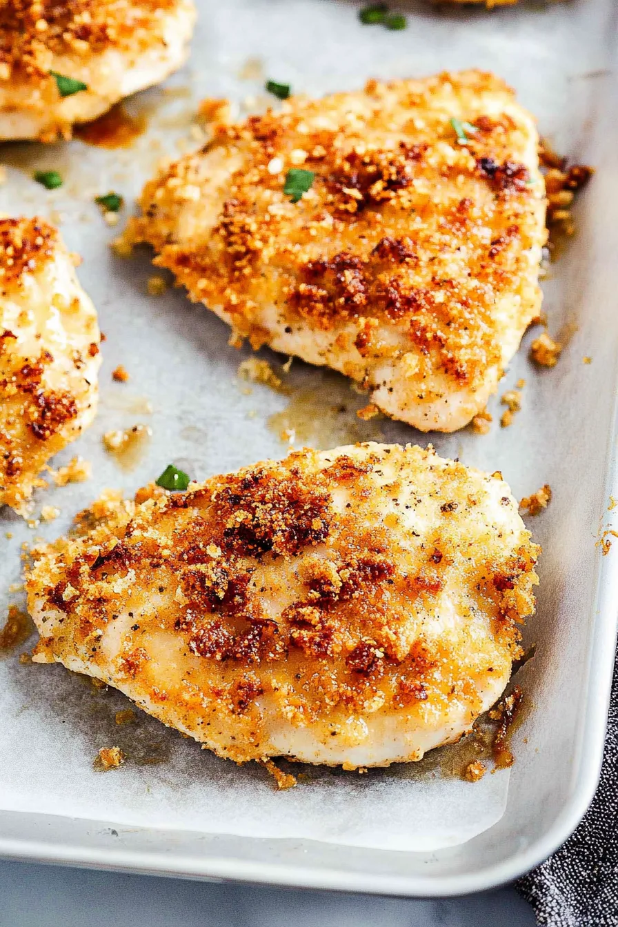 Golden, pan-seared chicken breasts sliced and served with fresh herbs on a platter.