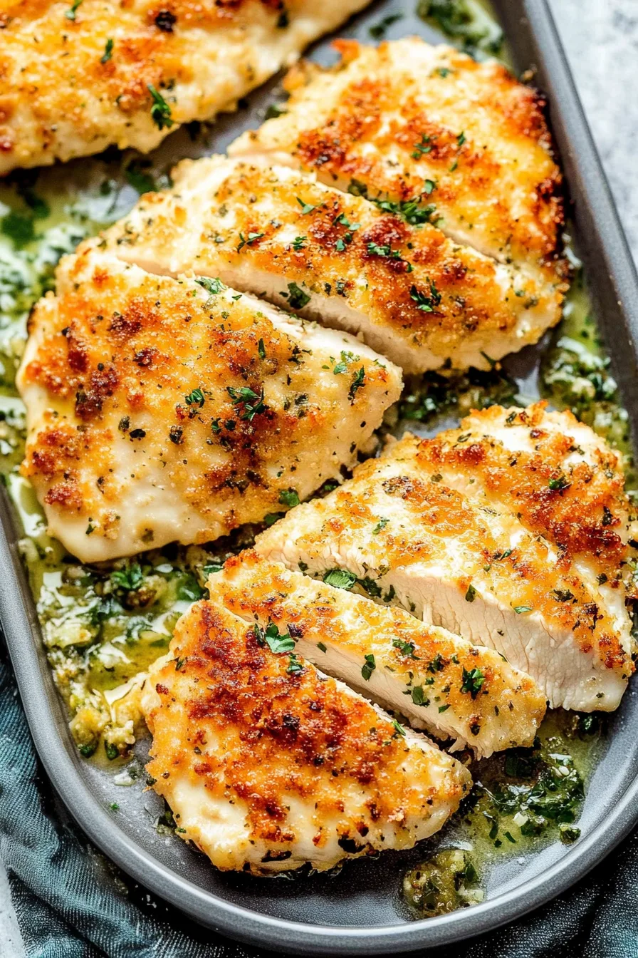 Plated chicken breasts with a golden crust and fresh herbs scattered on top.