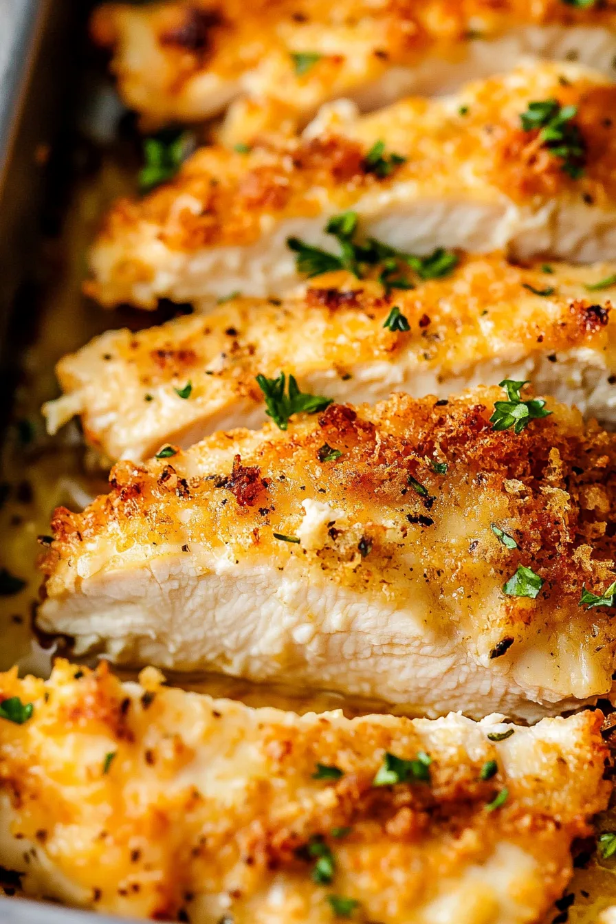 Close-up of juicy, browned chicken pieces resting in a buttery herb sauce.