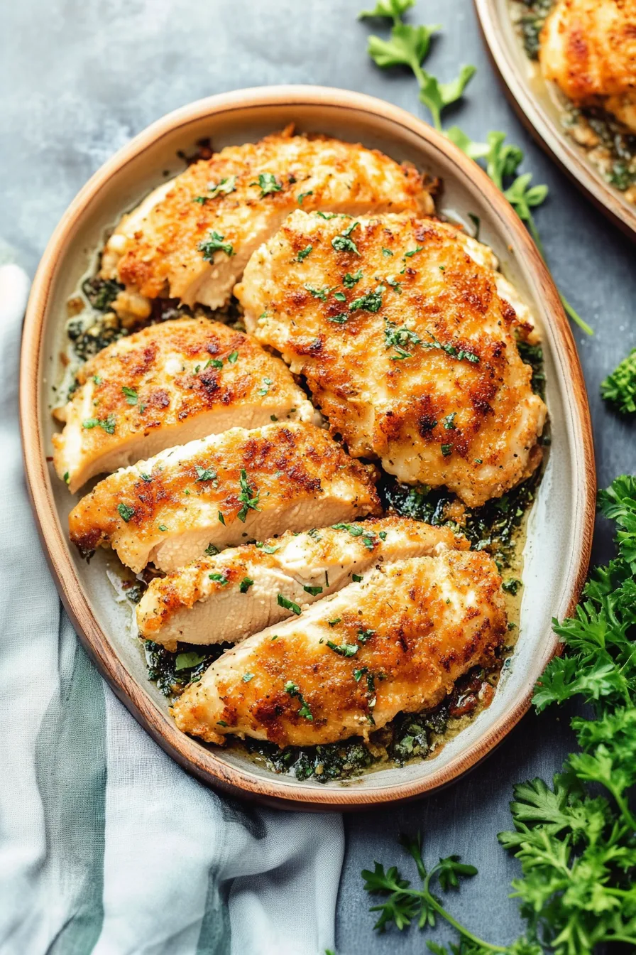 Crispy, lightly browned chicken slices displayed on a serving plate with drippings.