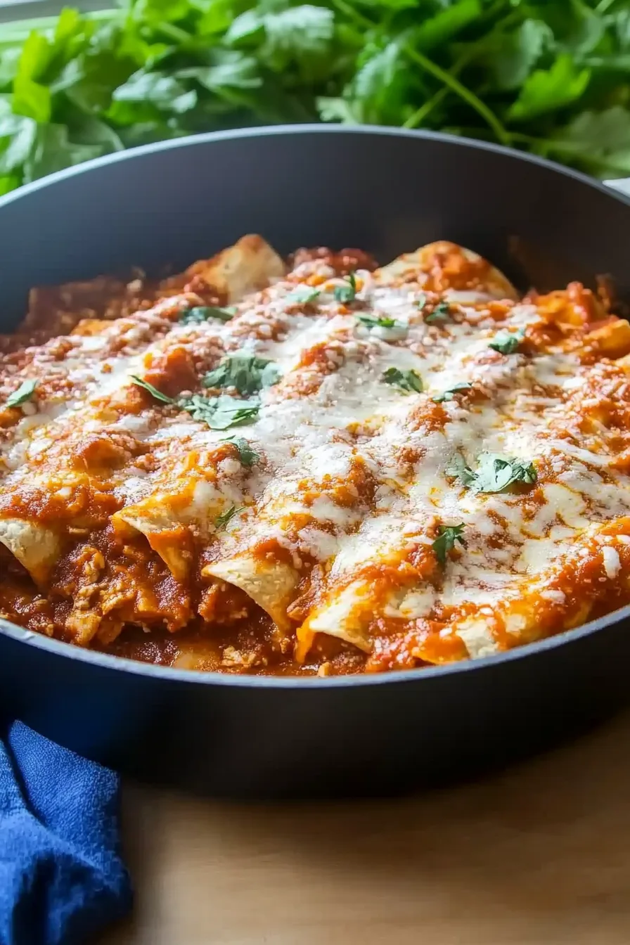 Close-up of saucy tortillas filled with shredded chicken and melted cheese.