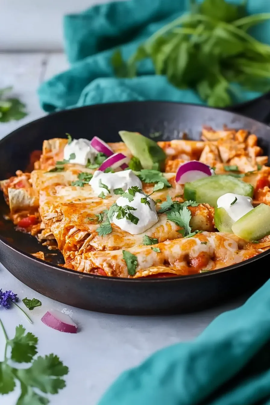 Skillet full of rolled tortillas in red sauce with a bubbly cheese topping.