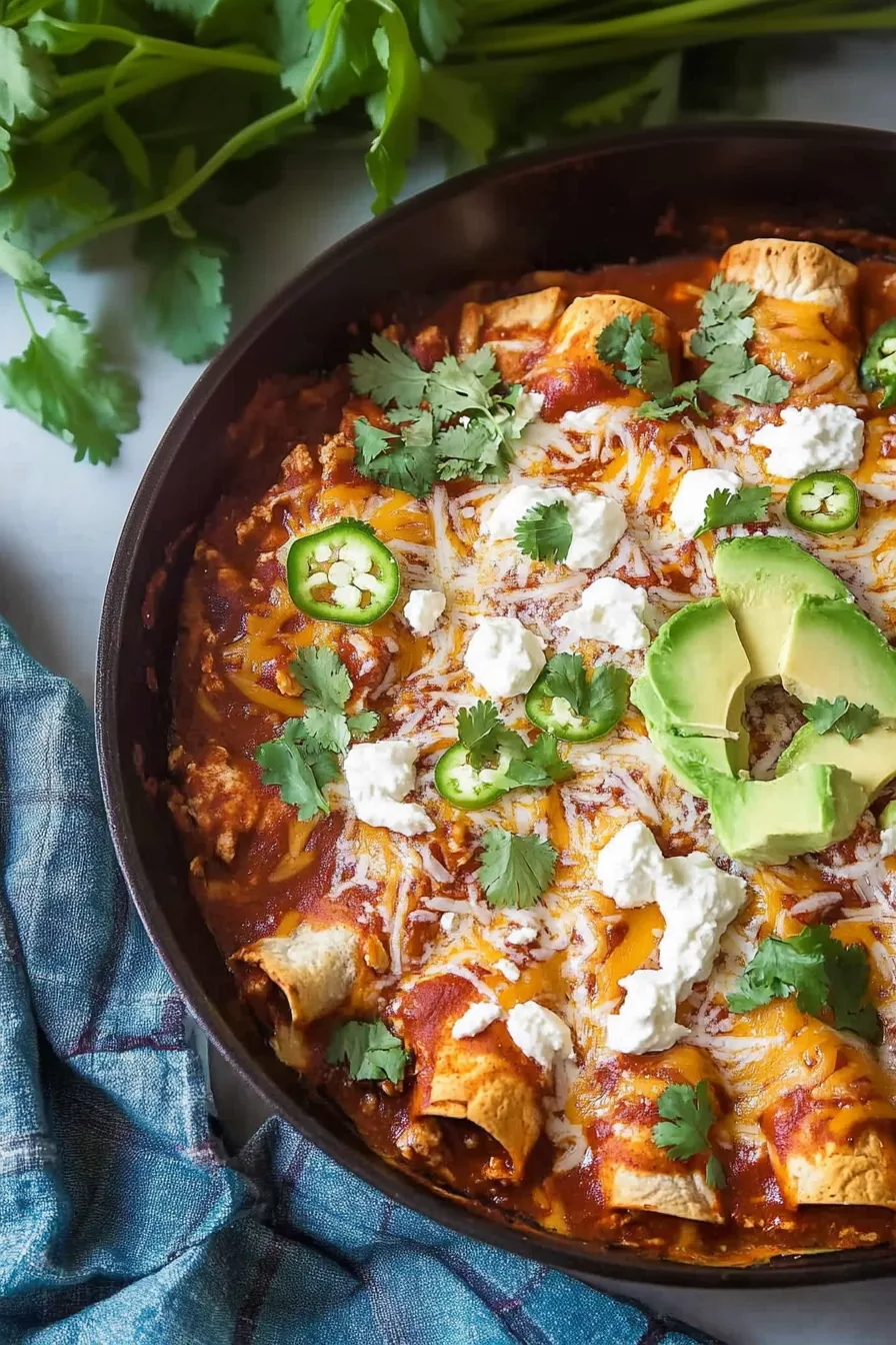 Cheesy baked tortilla dish served straight from a cast-iron skillet.