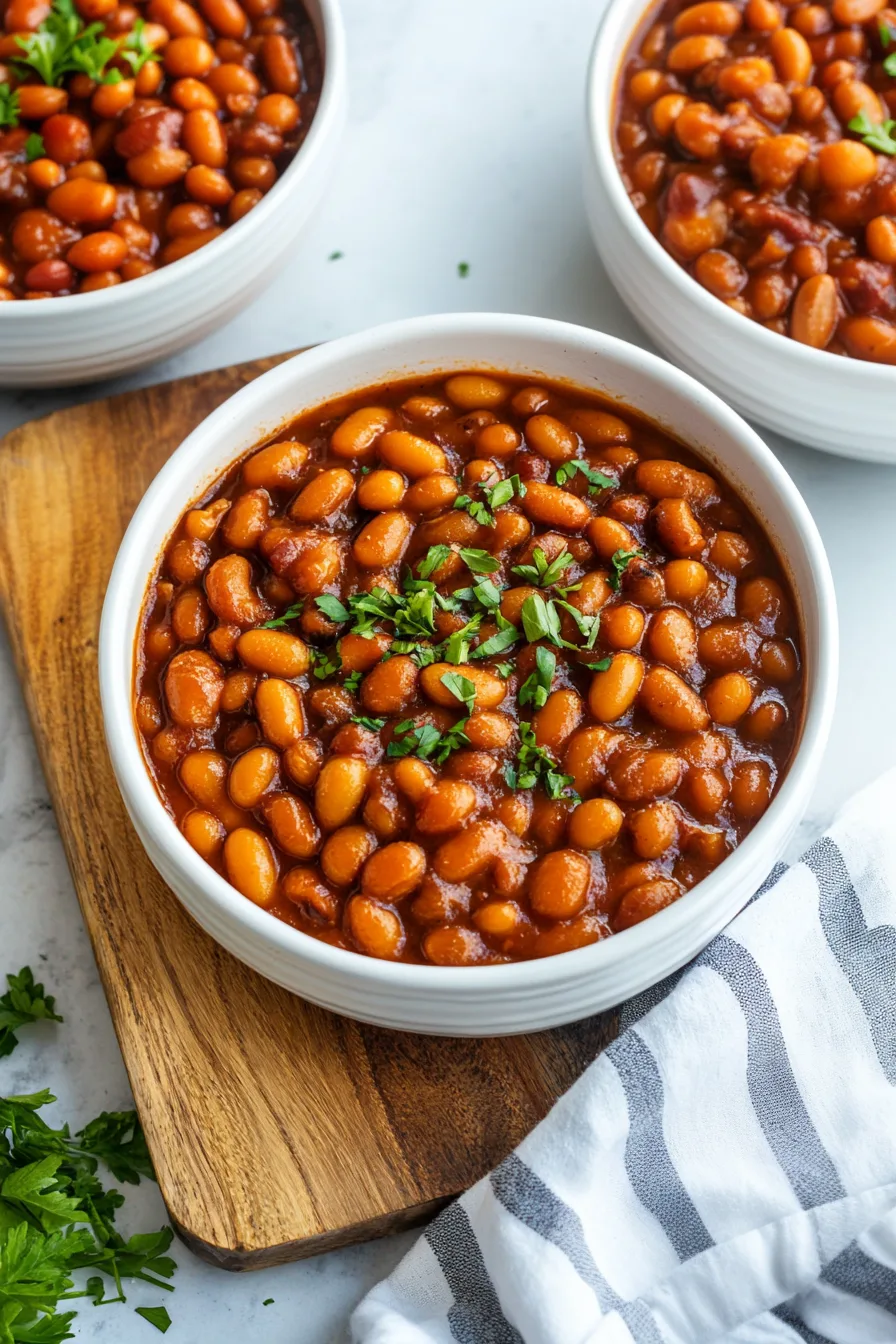 Thick, glossy brown bean dish with a hearty texture, ready to serve.