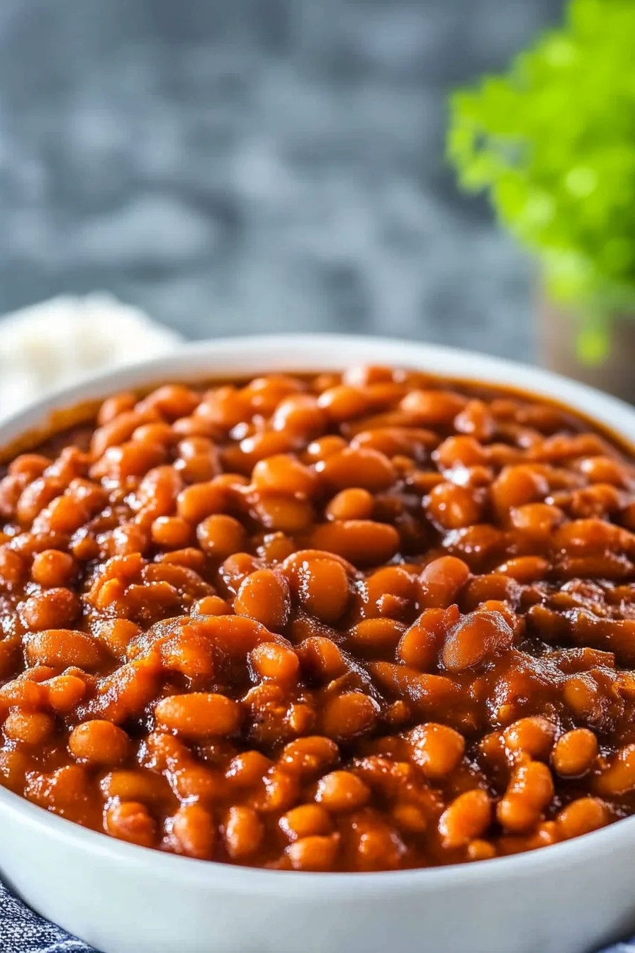 Close-up of warm beans simmered until soft, served in a white bowl.