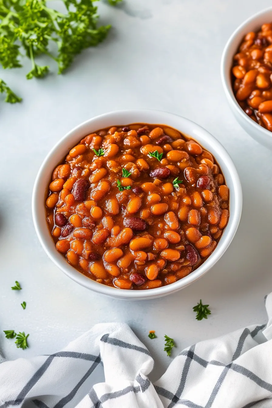Slow-cooked beans in a deep amber sauce, shown from above.
