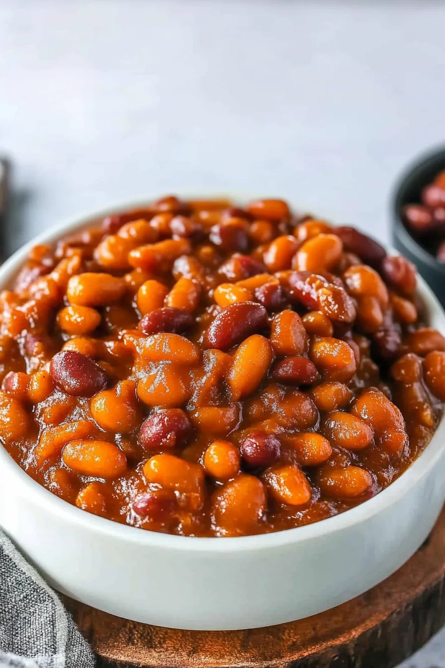Homestyle baked beans with a smooth, flavorful sauce on a tabletop.