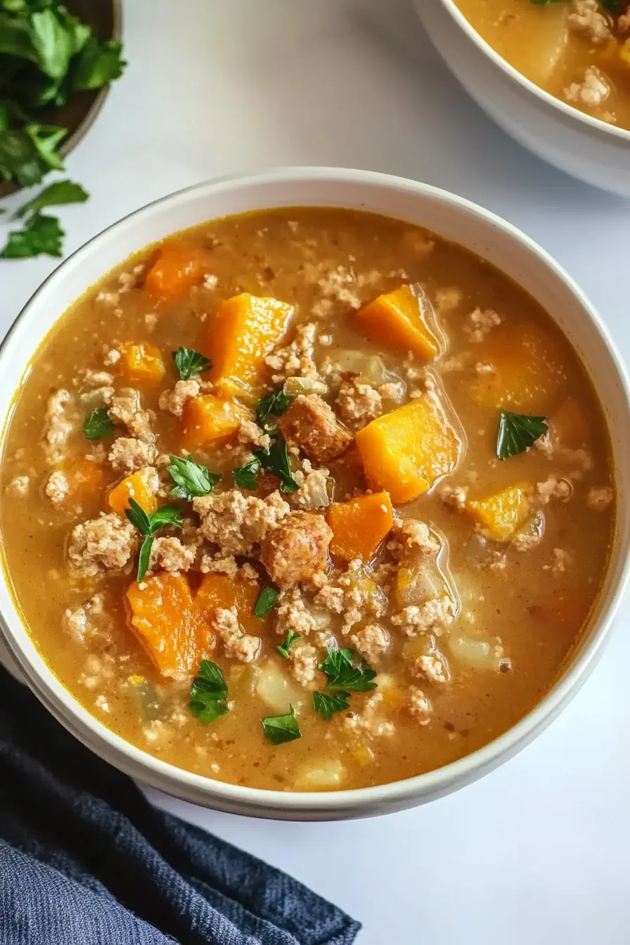 A steaming bowl of golden-orange soup with visible chunks of squash and sausage, served on a rustic table