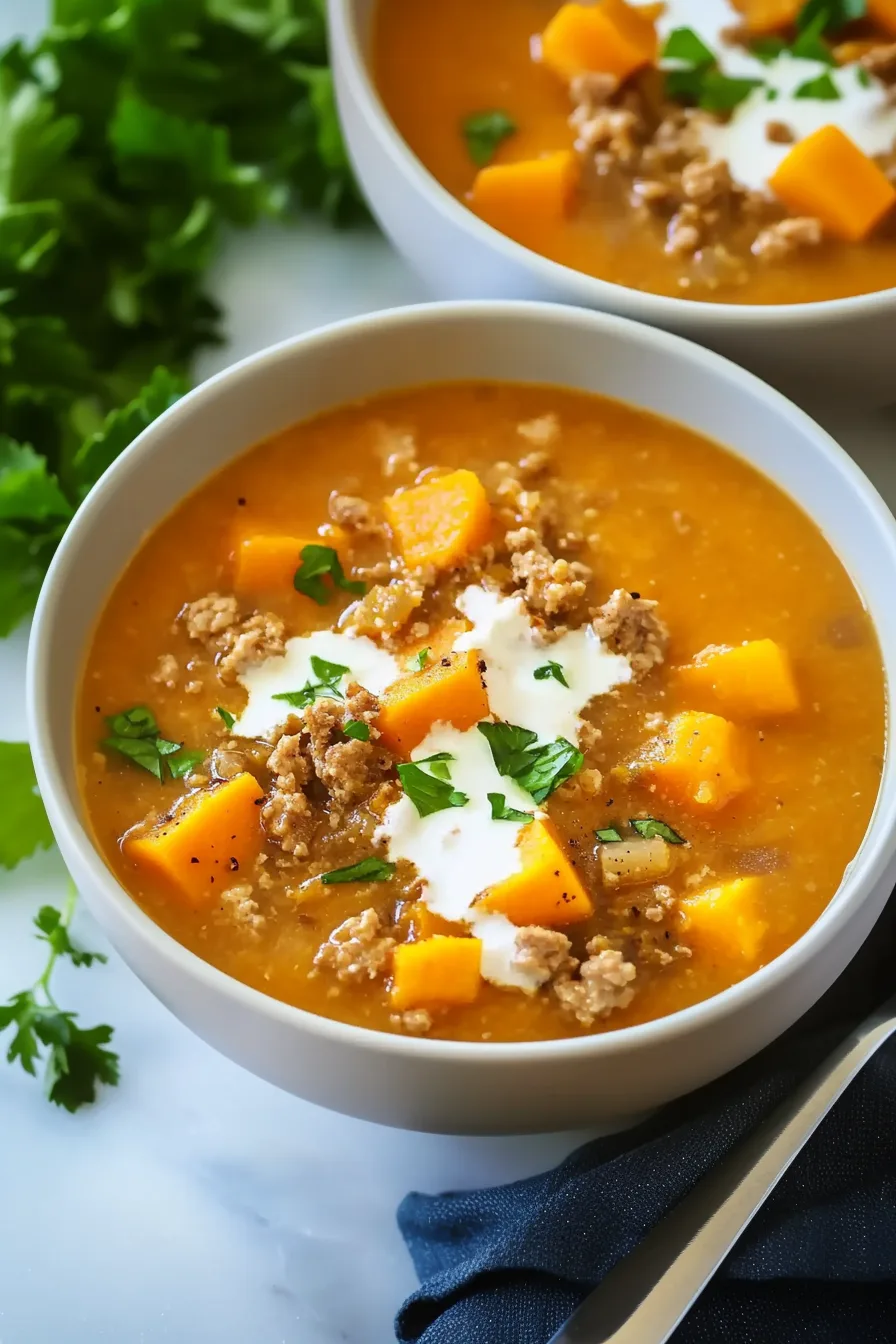 Final presentation of a cozy homemade soup, styled with a spoon and napkin for serving.