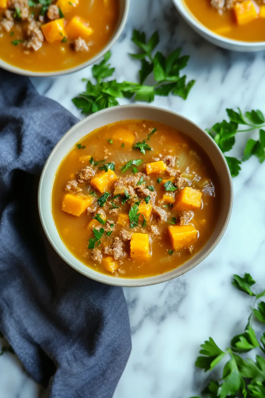 Overhead view of a warm, comforting soup in a ceramic bowl, surrounded by seasonal decor.