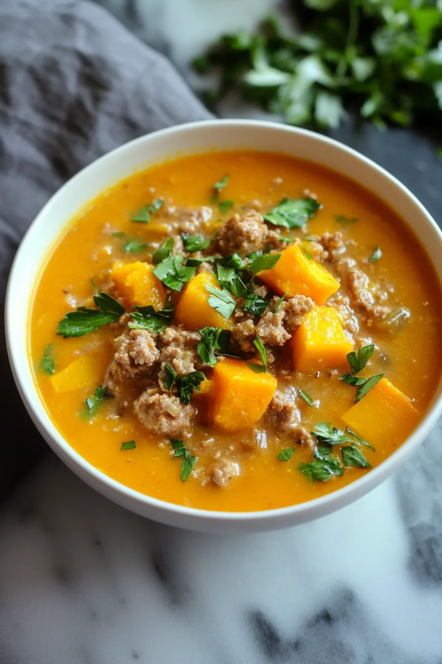 Thick, creamy soup ladled into a bowl with sausage slices and squash pieces peeking through.