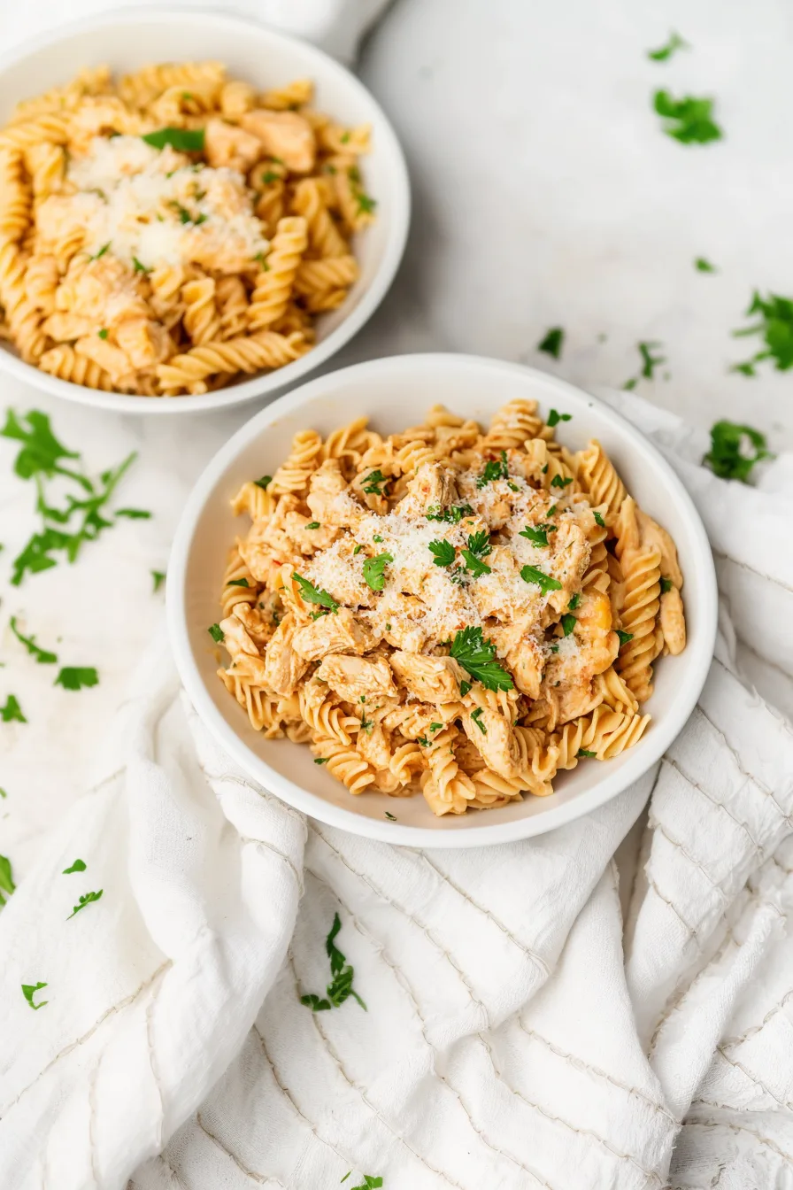 Serving of rotini with shredded chicken and a sprinkle of Parmesan and herbs on top.