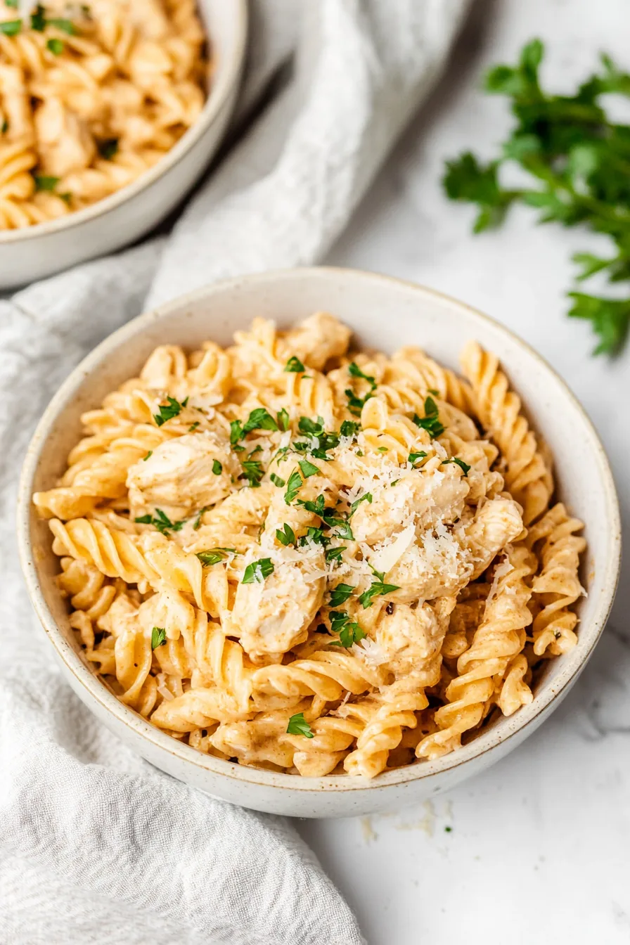 Final plated dish featuring rotini, juicy chicken pieces, and a light dusting of Parmesan.