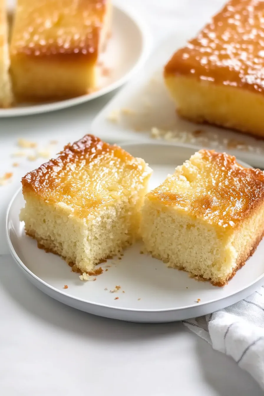Two square slices of golden, fluffy cake on a white plate.