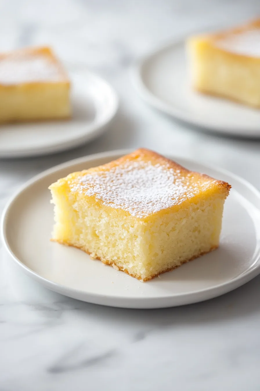 Cut pieces of soft yellow cake with a caramelized crust on a plate.