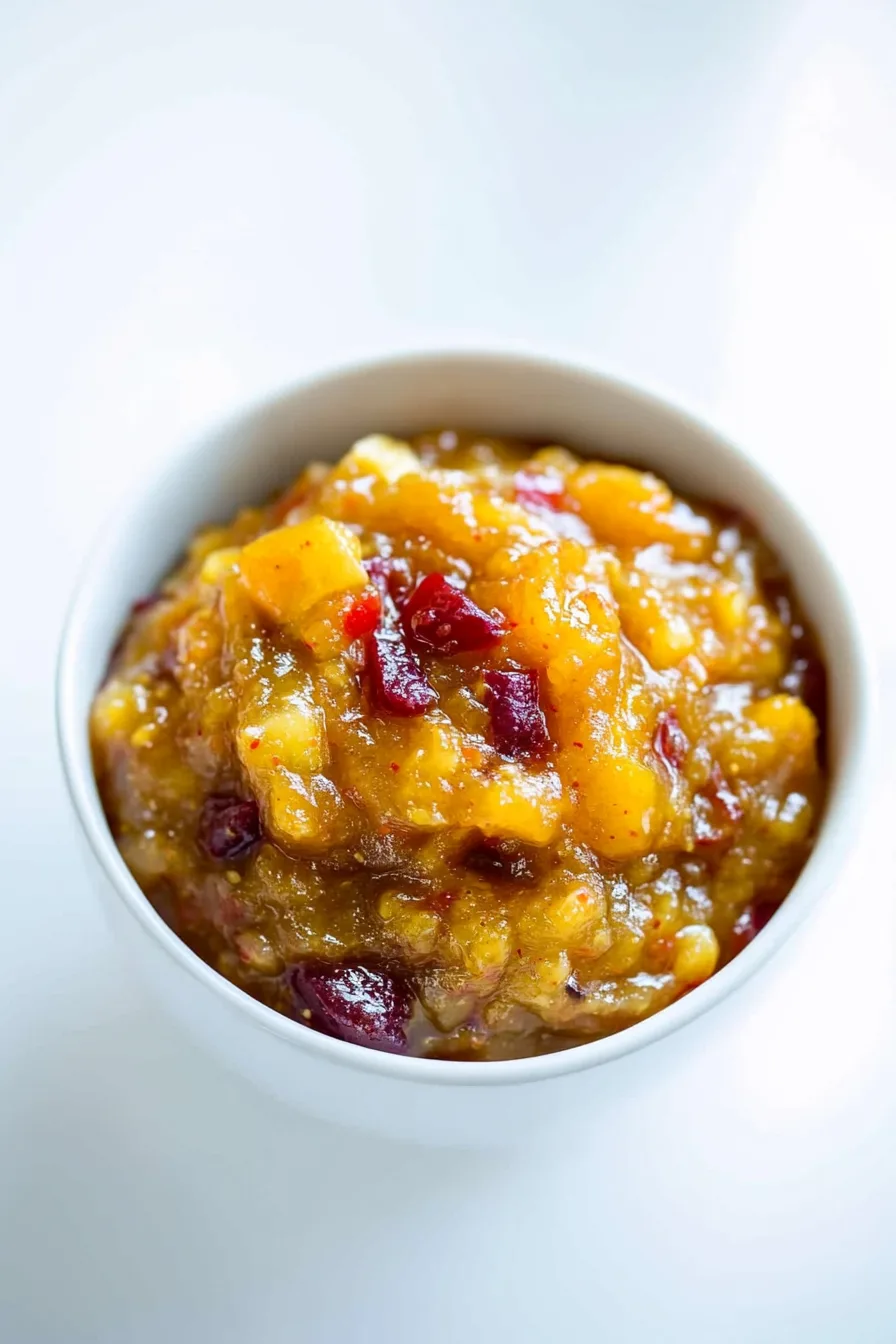 Close-up view of a glossy, golden-brown chutney with visible spices and fruit chunks.
