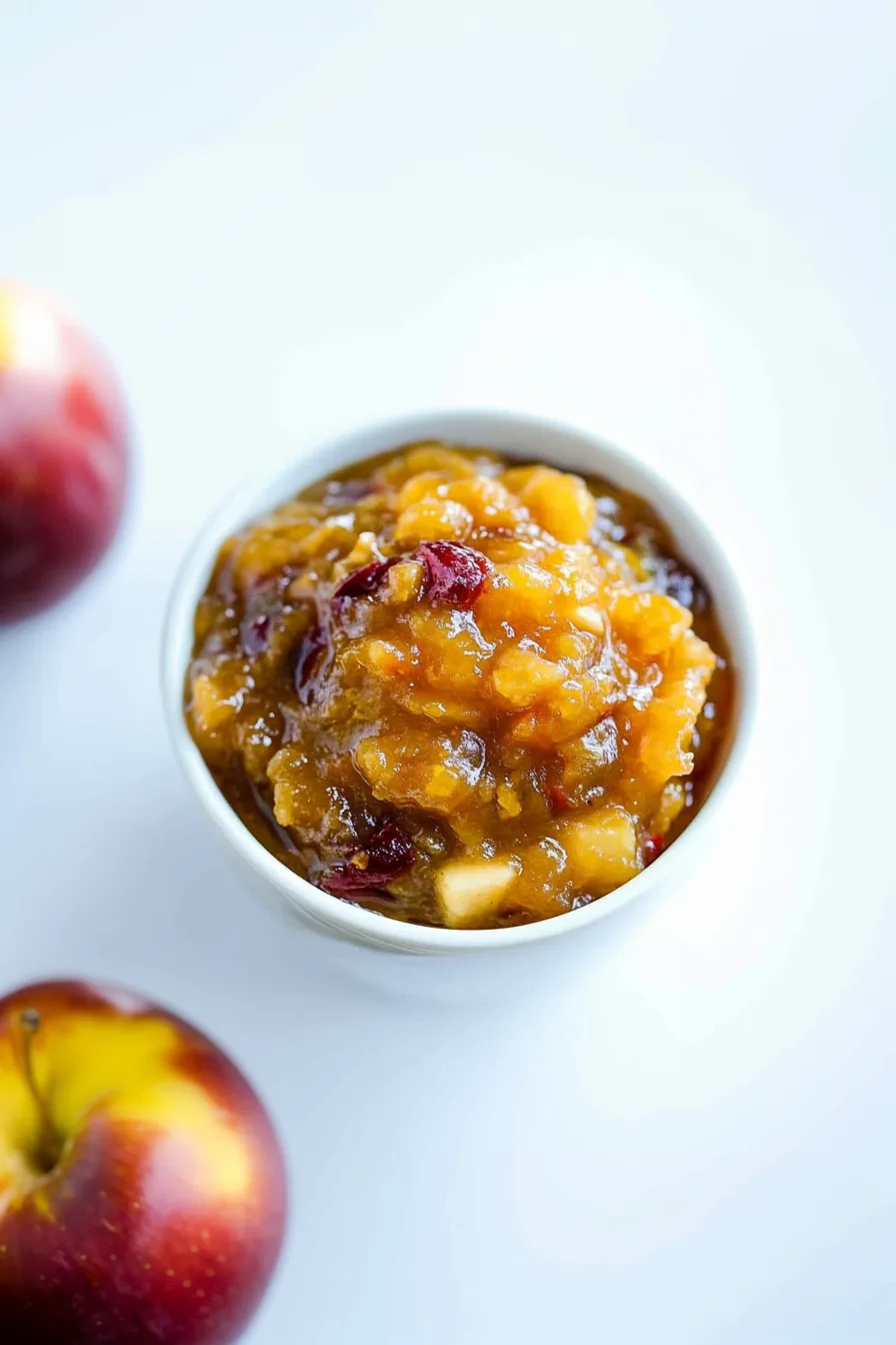Overhead shot of a bowl of homemade chutney, highlighting its rich texture and warm tones.