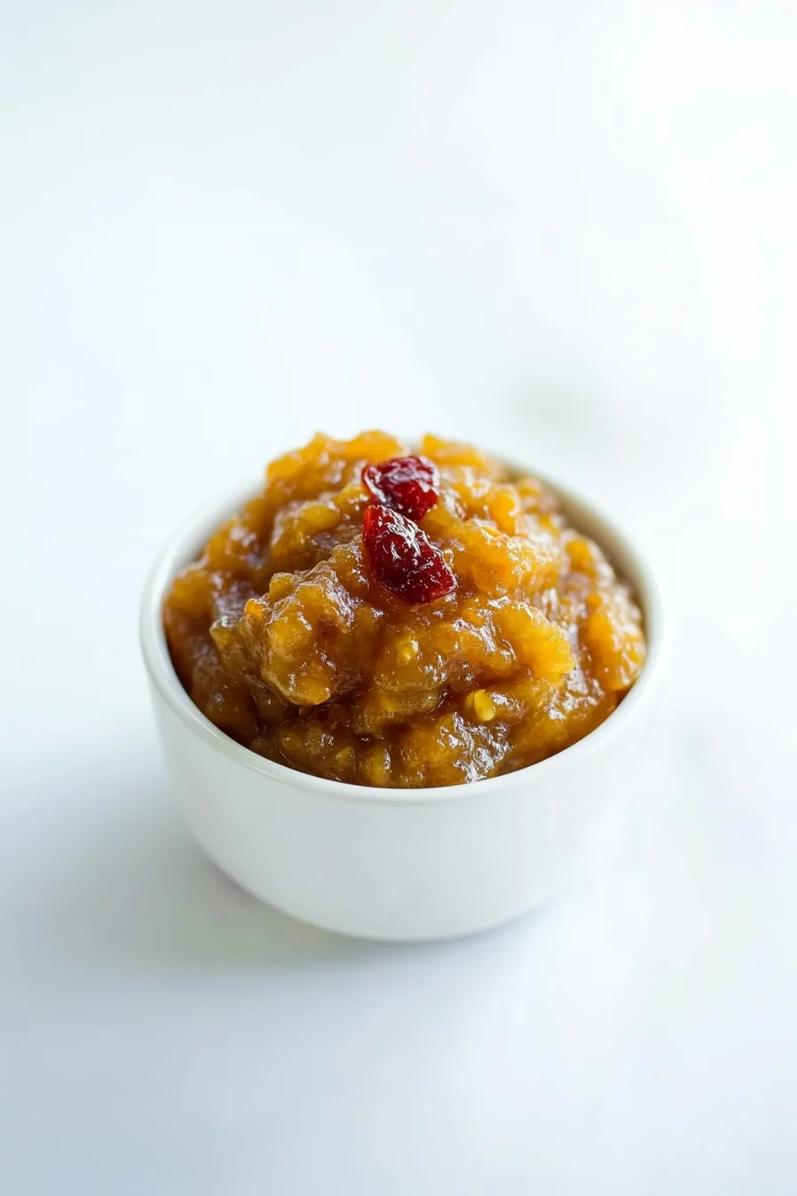 A vibrant, chunky fruit spread displayed simply in a white bowl on a bright background.