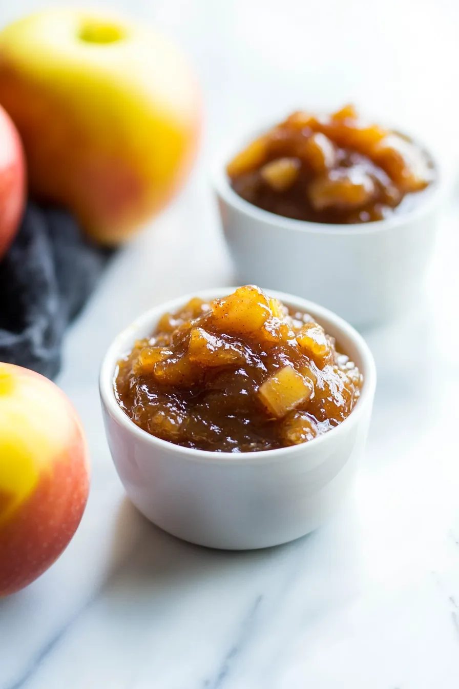 A small bowl filled with a chunky fruit chutney, showing pieces of apple and dried cranberries.