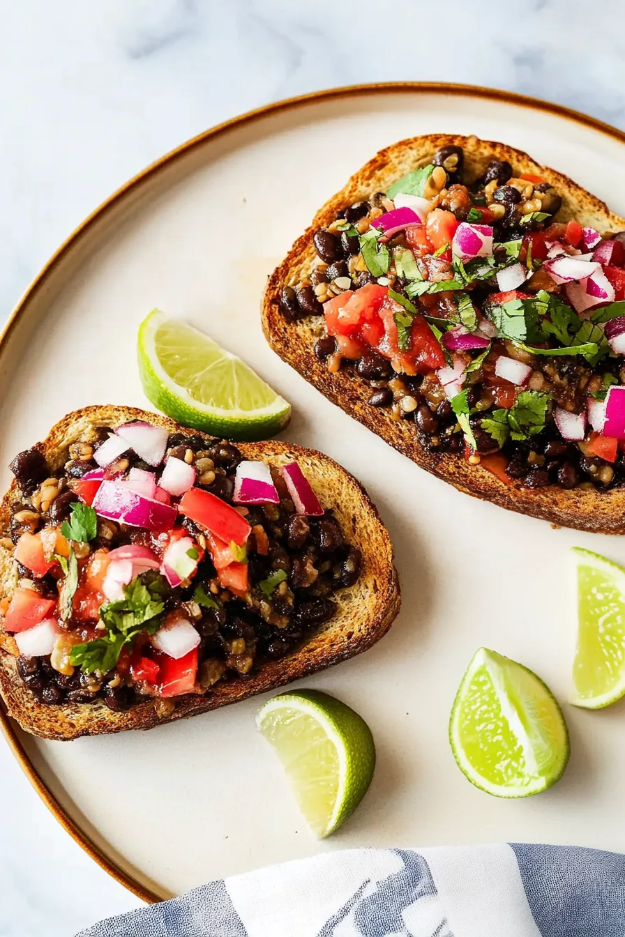 Two slices of loaded toast with colorful toppings and lime slices on the side.