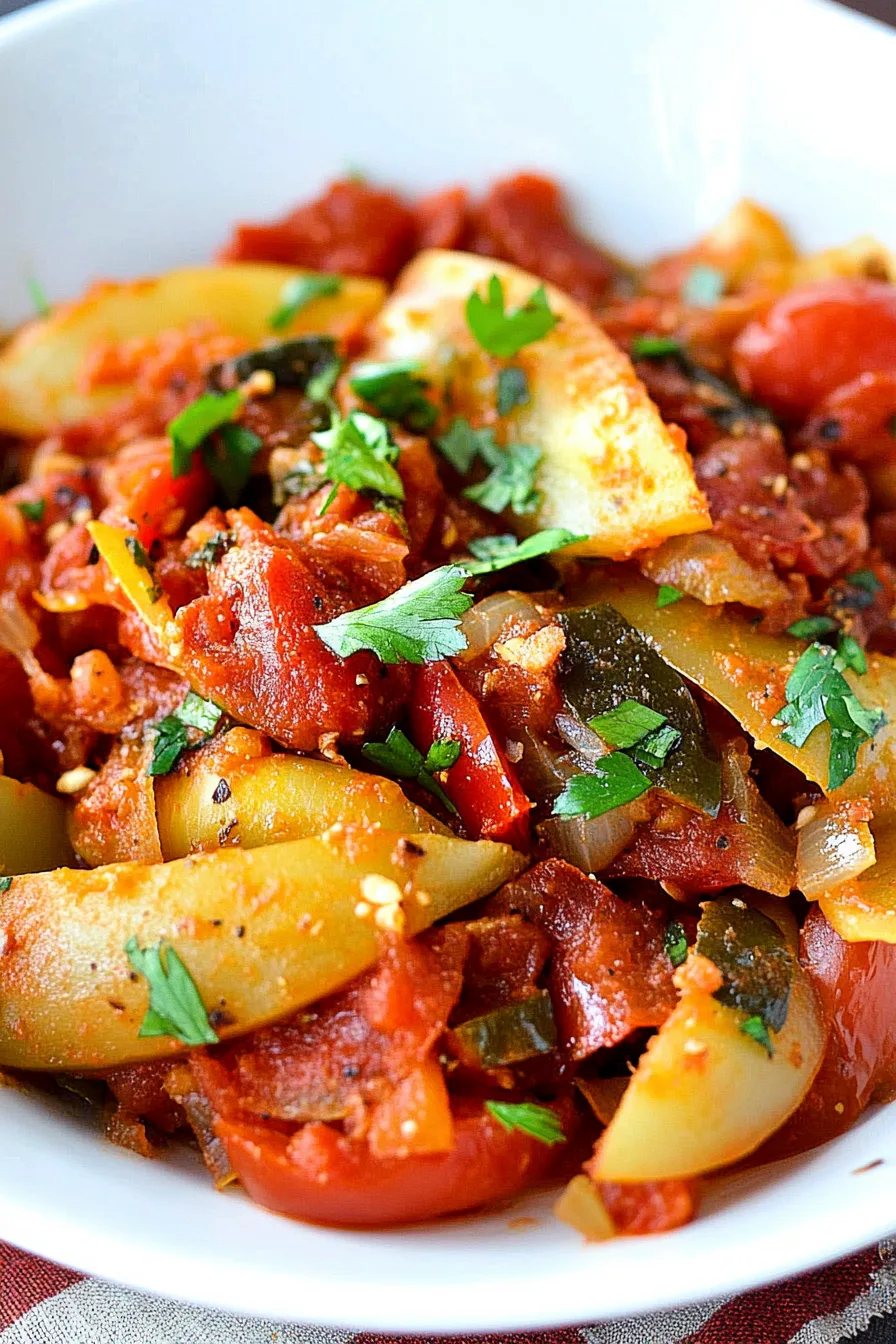 Close-up of sautéed chayote mixed with stewed tomatoes on a serving plate, garnished with herbs.