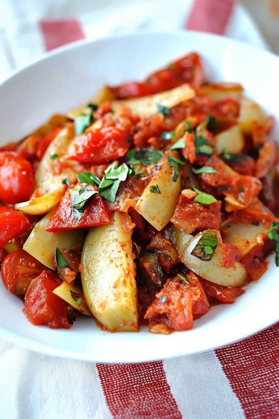 A warm vegetable side dish featuring soft chayote in a seasoned tomato mixture on a clean white plate.