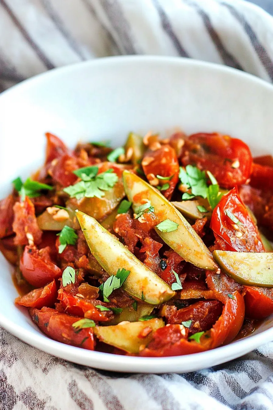 A bowl of tender chayote slices coated in a rich, spicy tomato sauce, ready to serve.