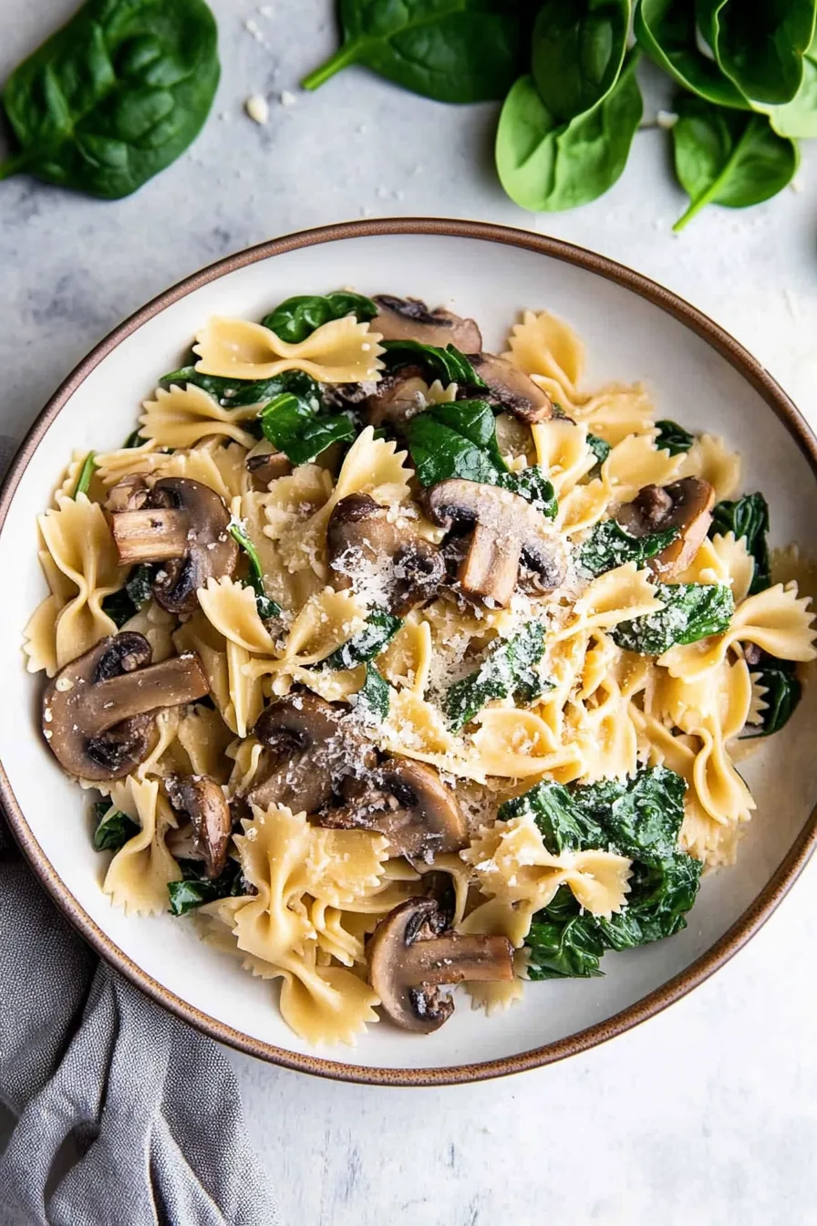 Close-up of pasta with visible sautéed mushrooms mixed throughout.